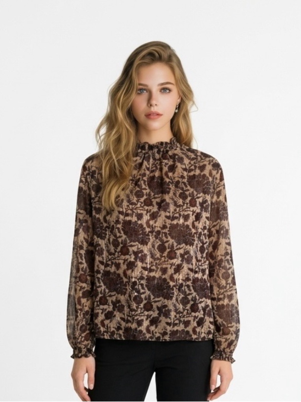 Ming Wang Brown Floral Ruffled-Neck Blouse